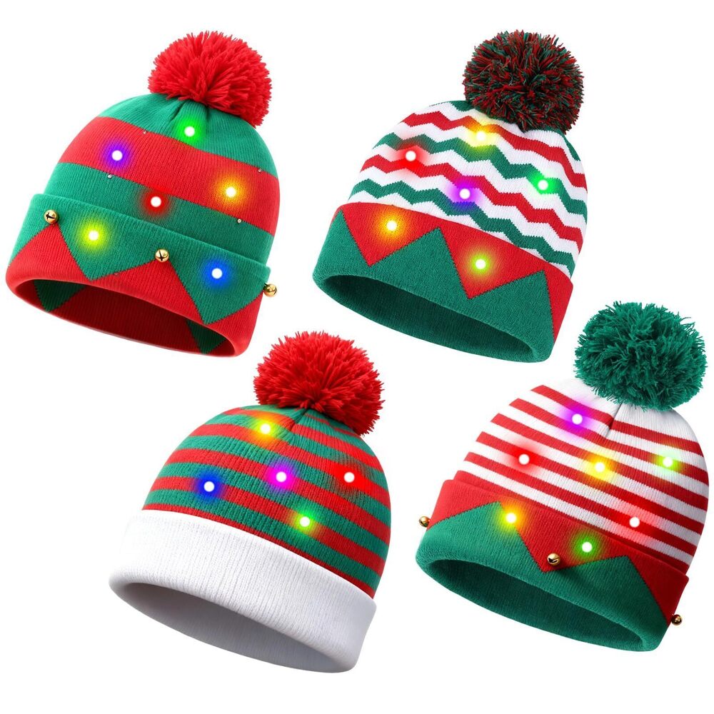 8968 8 Pcs Christmas Elf Beanie Hat Xmas Flashing Winter Knitted Cap